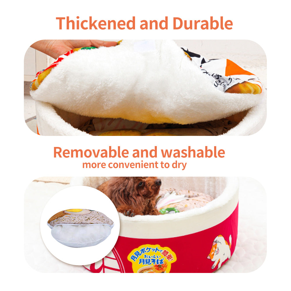 Instant noodle cat bed with thick plush lid and removable, washable cushion