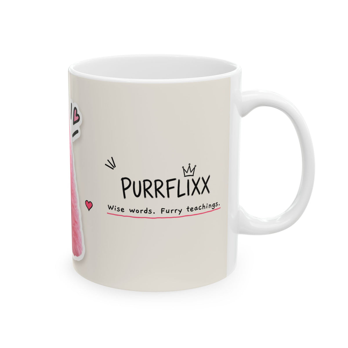 The Pink Sage mug, logo side: Purrflixx, Wise words. Furry teachings.