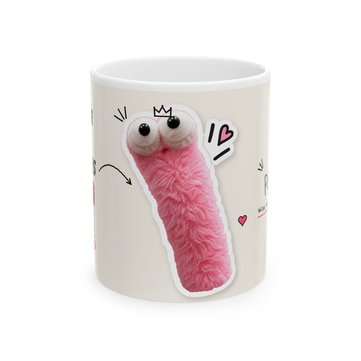 The Pink Sage mug, front: a fuzzy pink Pink Sage with googly eyes and a tiny crown