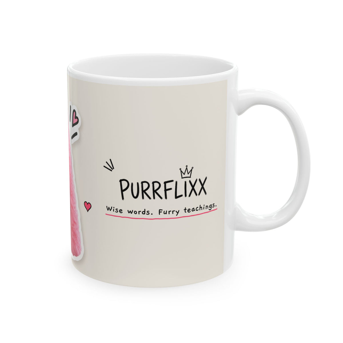 The Pink Sage mug, logo side: Purrflixx, Wise words. Furry teachings.