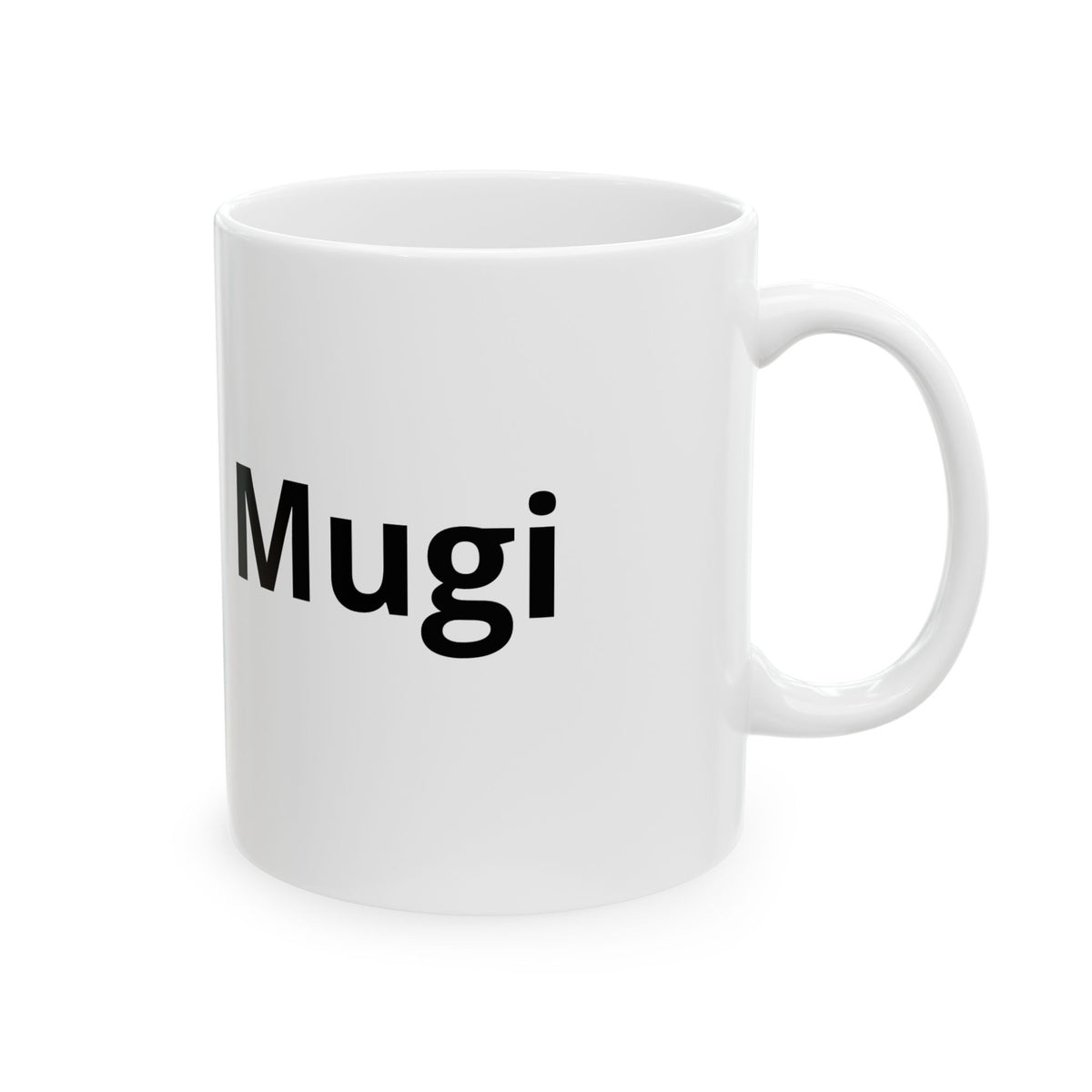 Example of a custom pet mug, name side: your pet's name here (shown: Mugi)
