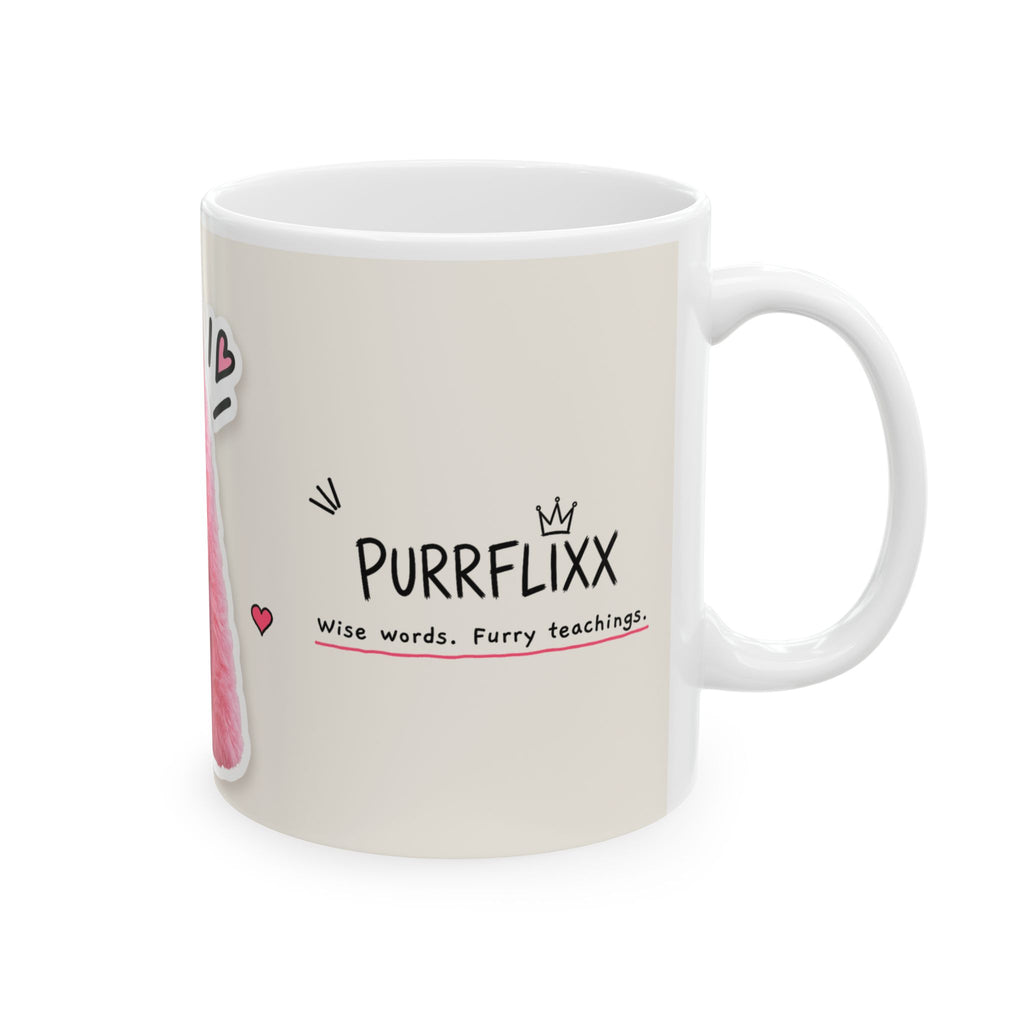 The Pink Sage mug, logo side: Purrflixx, Wise words. Furry teachings.