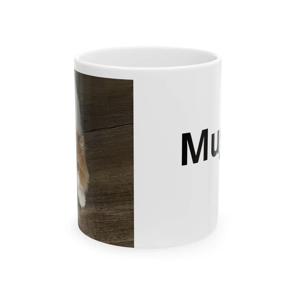 Example of a custom pet mug, front view with pet photo and name (shown: Mugi)