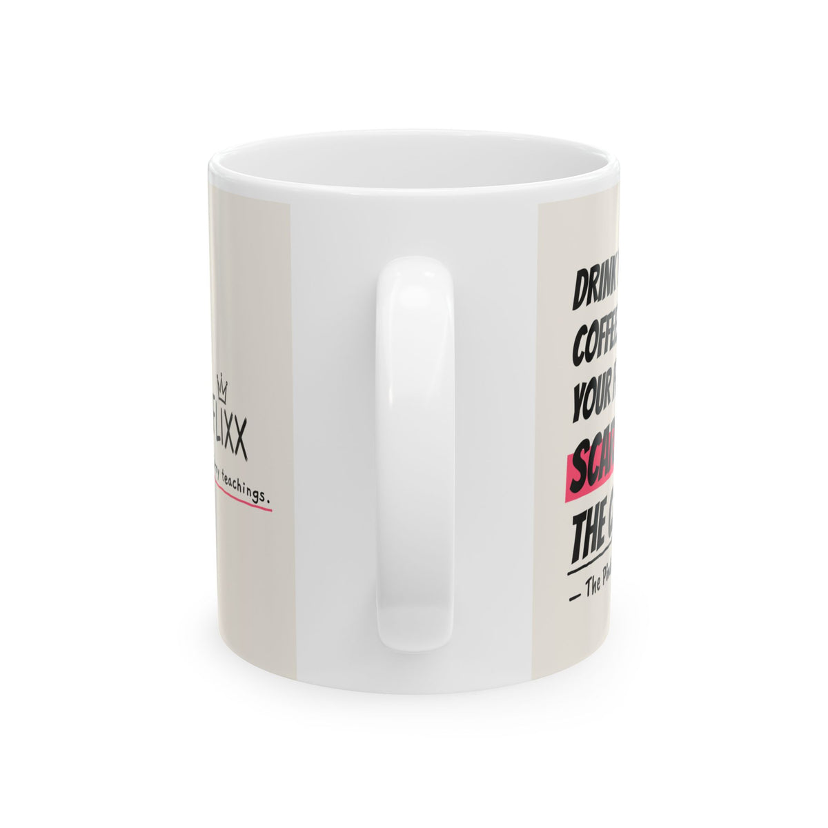 The Pink Sage mug, handle view of the white 11oz ceramic mug