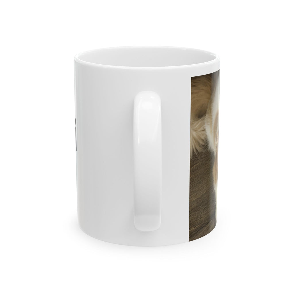 Custom pet mug, handle view of the white 11oz ceramic mug