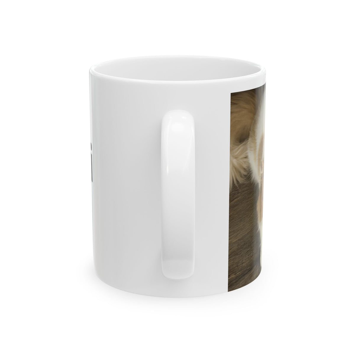 Custom pet mug, handle view of the white 11oz ceramic mug