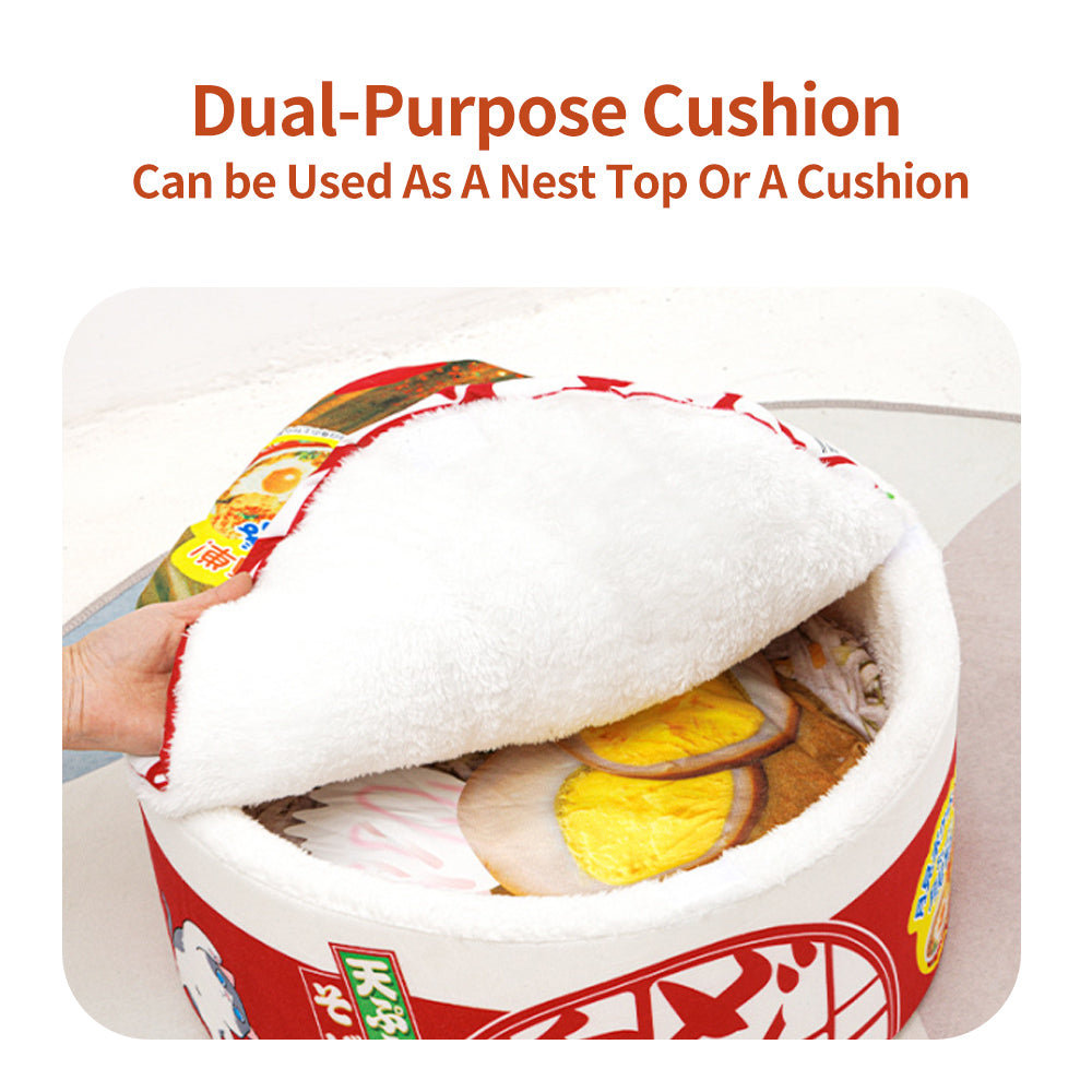 Red instant noodle cat bed with dual-purpose noodle cushion lid
