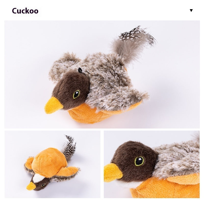 Cuckoo flapping bird cat toy with plush body and feather tail, shown from three angles