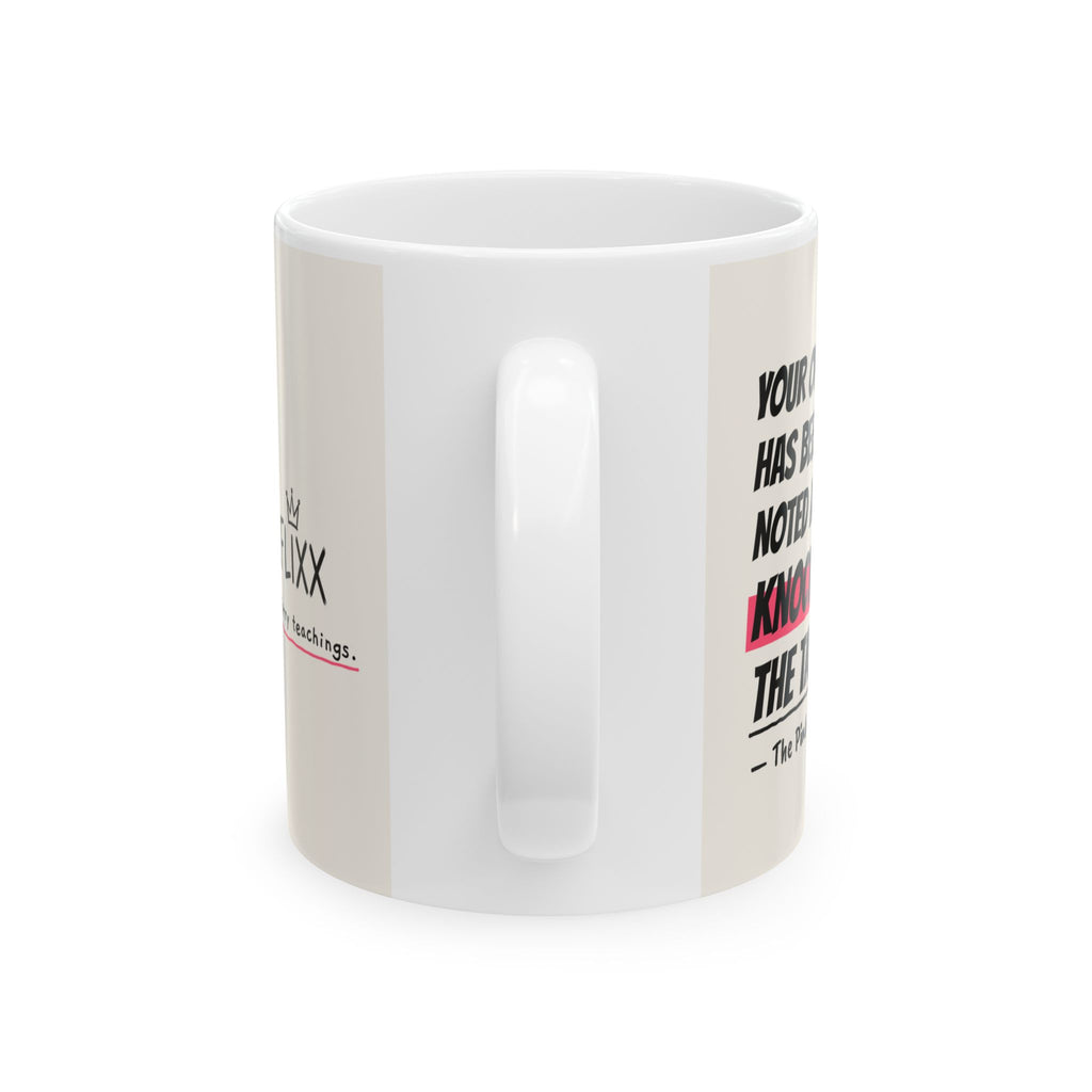 The Pink Sage mug, handle view of the white 11oz ceramic mug