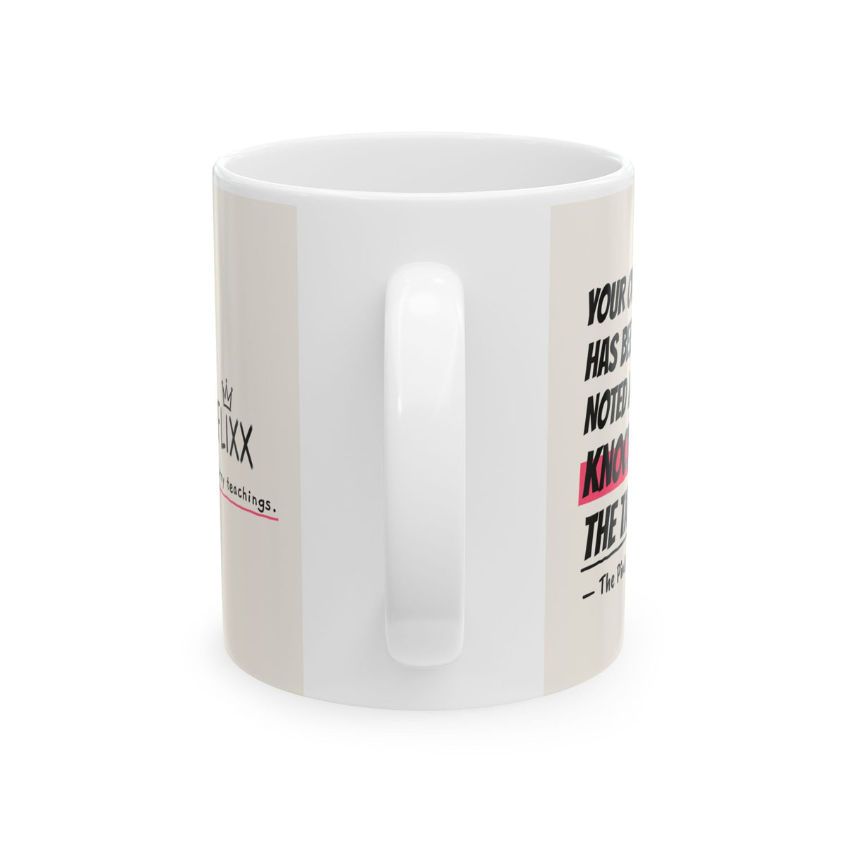 The Pink Sage mug, handle view of the white 11oz ceramic mug