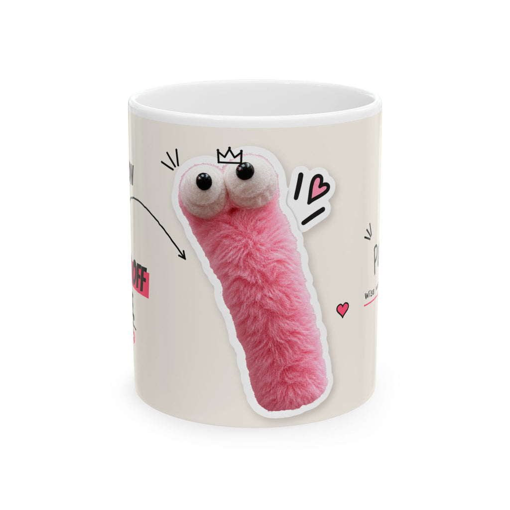 The Pink Sage mug, front: a fuzzy pink Pink Sage with googly eyes and a tiny crown