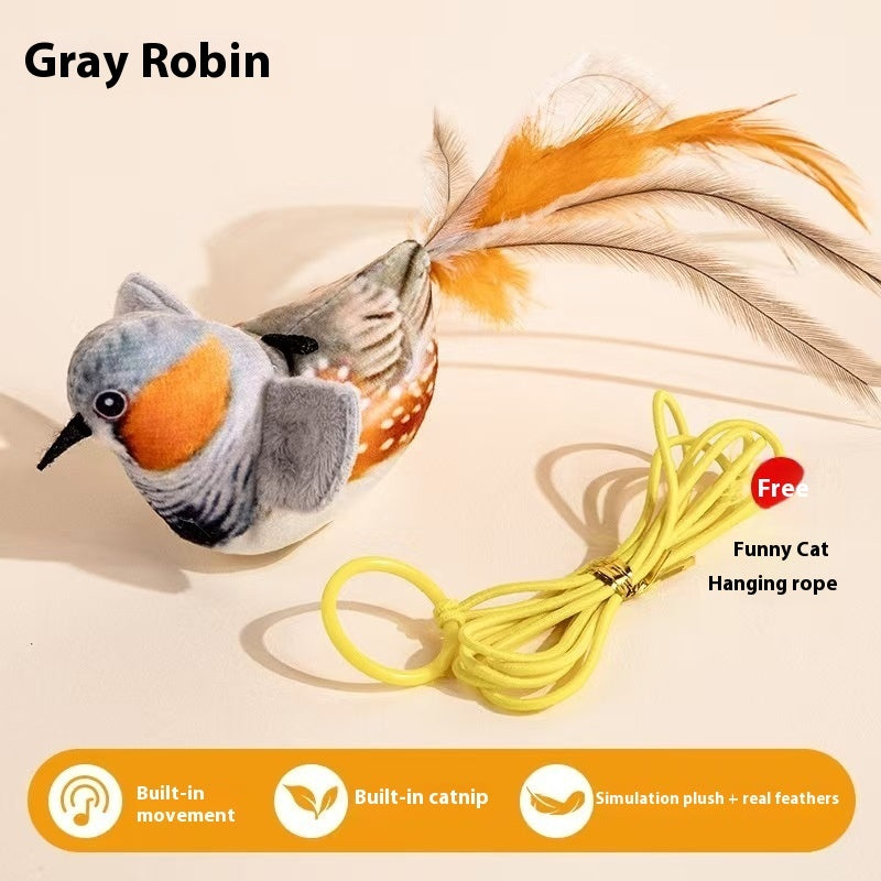 Gray robin chirping bird cat teaser with feathers and elastic hanging rope