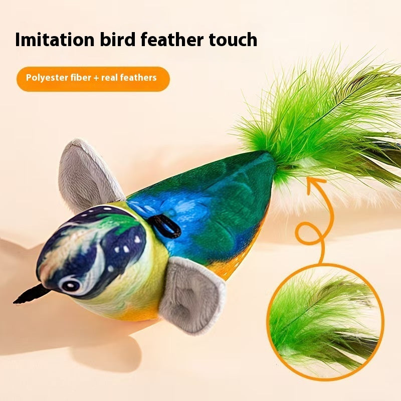 Close-up of the chirping bird cat toy plush body and feather tail