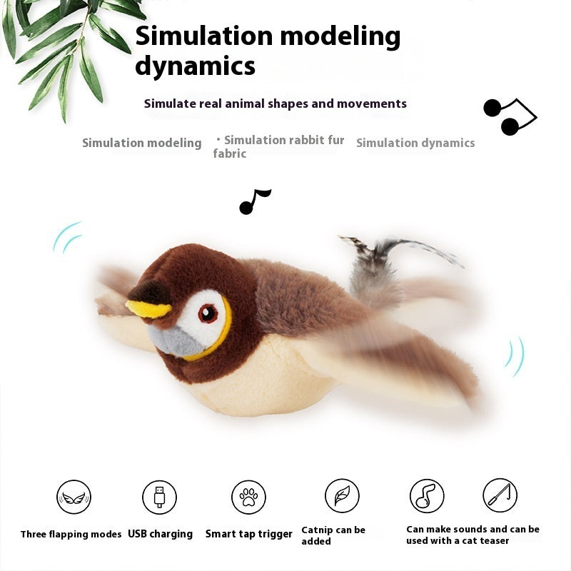 Flapping bird cat toy mid-flap: touch-activated chirp, USB rechargeable, catnip pouch
