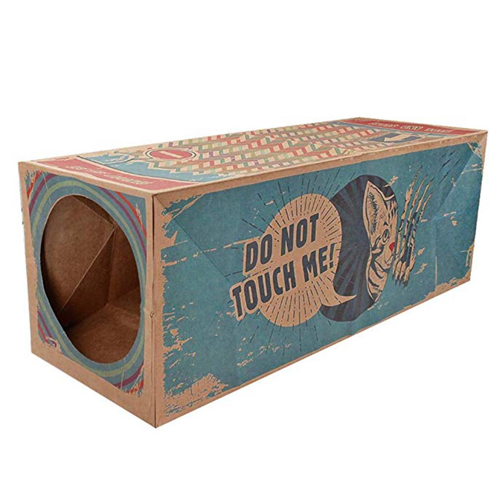 Kraft paper cat tunnel on white with teal DO NOT TOUCH ME! cat artwork and round opening