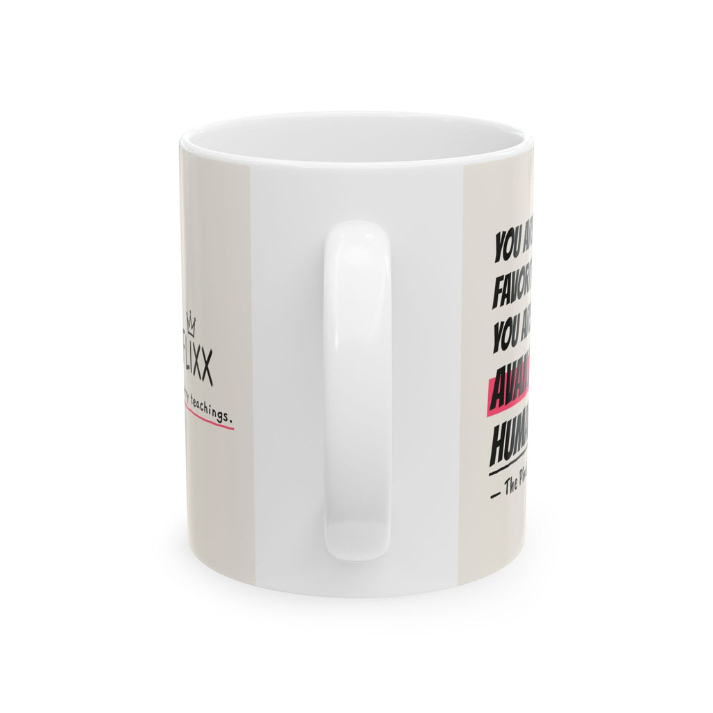 The Pink Sage mug, handle view of the white 11oz ceramic mug