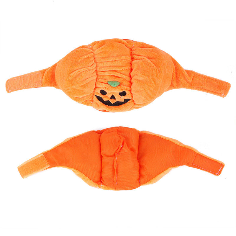 Pumpkin cat hat laid flat, front and back, showing the fastening band