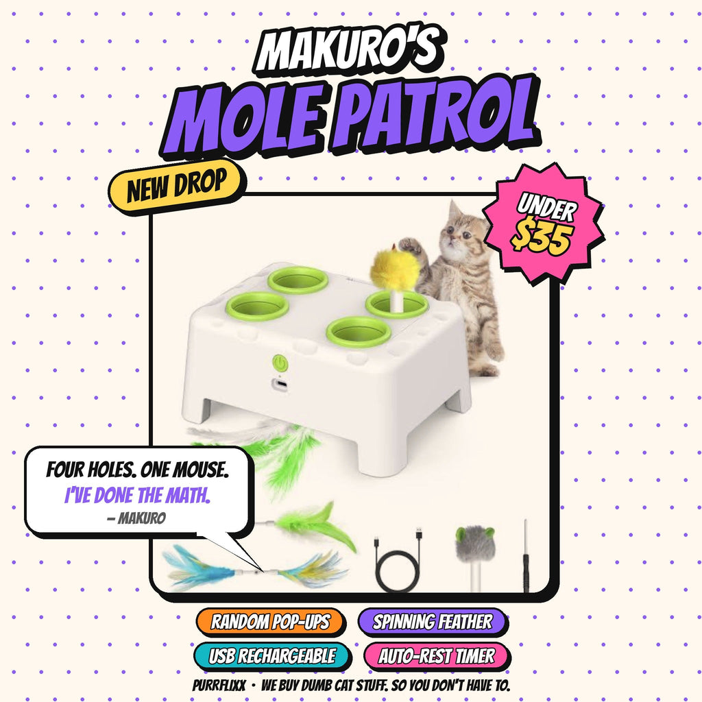 Makuro's Mole Patrol pop-up mouse and spinning feather cat toy, Purrflixx cover