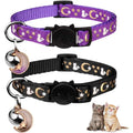 Glow-in-the-dark breakaway collars 2-pack: purple and black moon-and-star collars with bells and moon charms