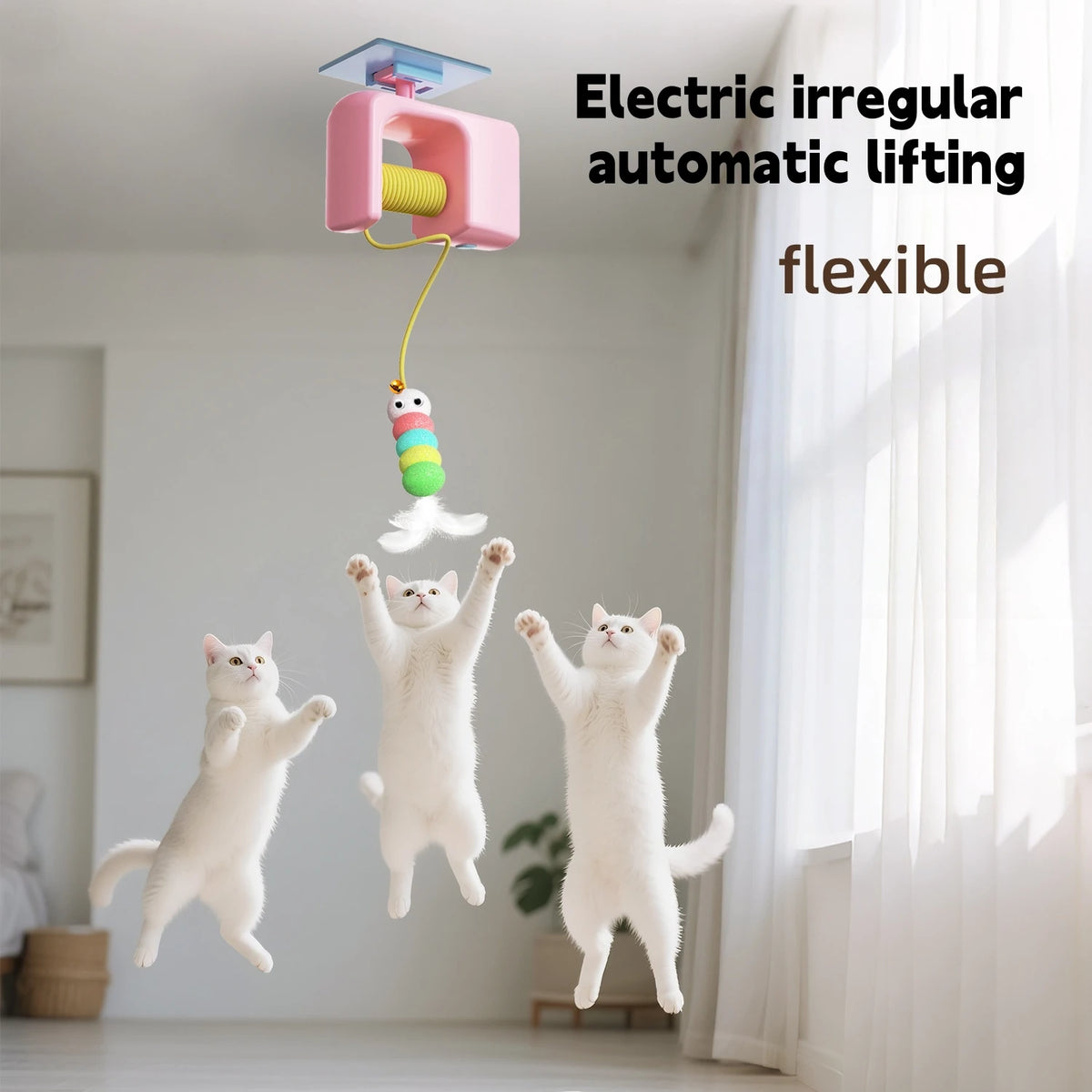 Cats jumping at the automatic lifting door yo-yo