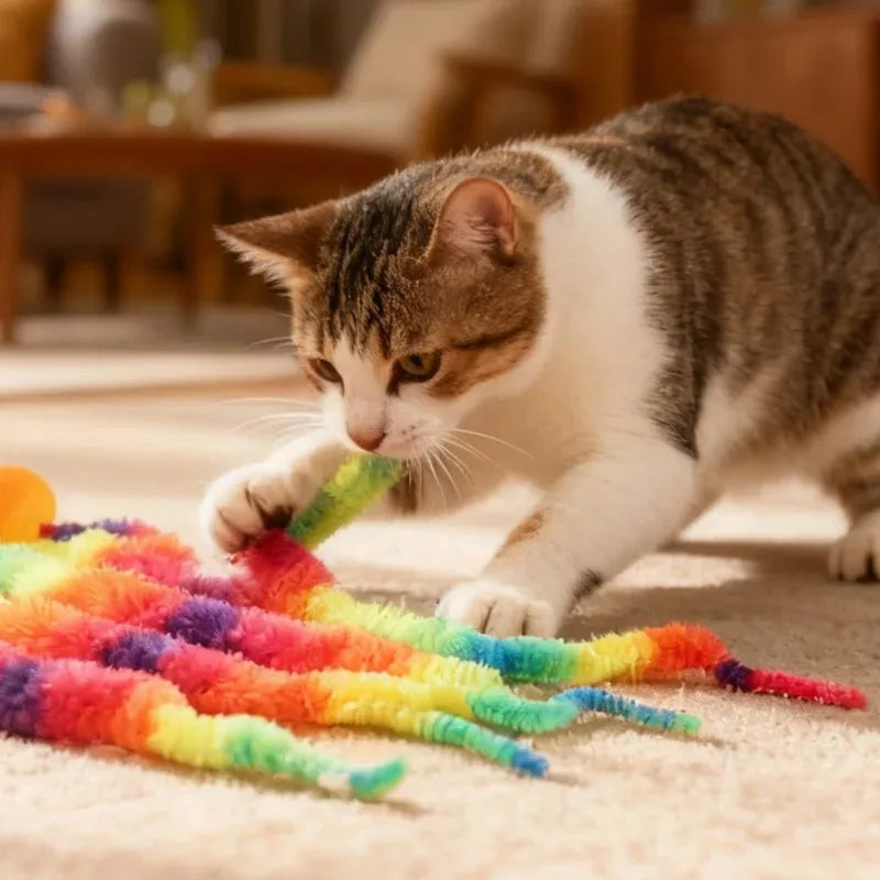 Tabby cat playing with rainbow fuzzy-tail balls on a rug