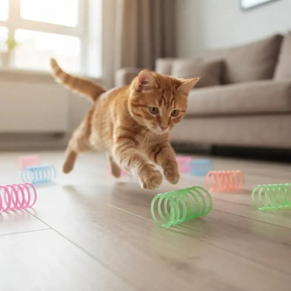Ginger cat chasing colourful springs across the floor