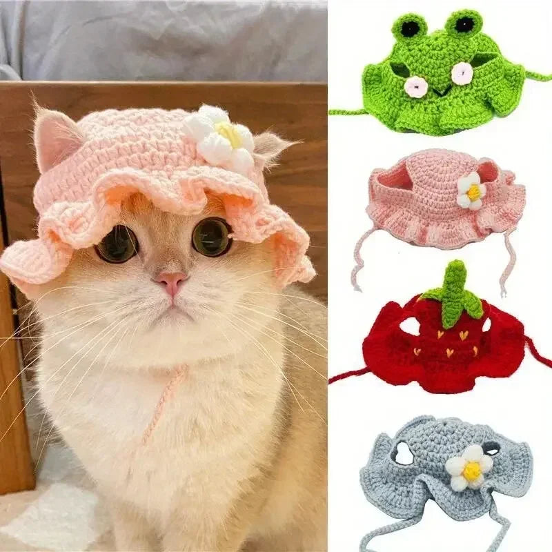 Cat wearing Miso's pink daisy crochet bonnet, with the four bonnet styles beside it