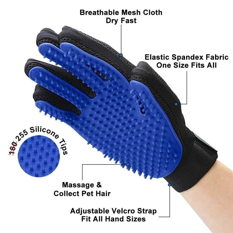 Blue grooming glove features: silicone tips, mesh cloth, adjustable strap