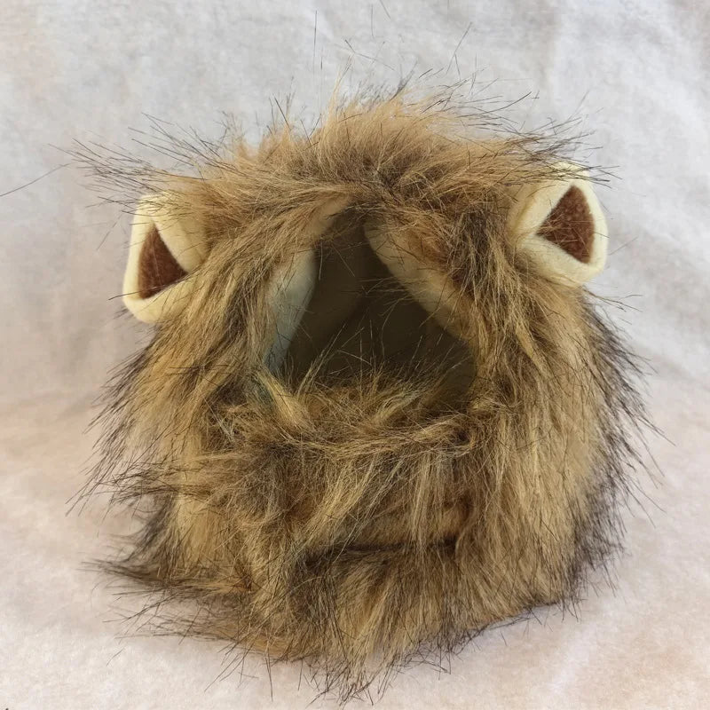 Brown faux-fur lion mane with ears, on its own