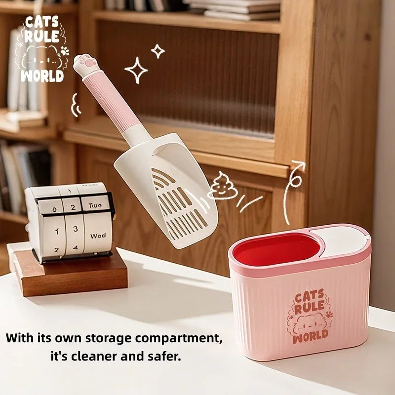 Paw-handle litter scoop with bag caddy