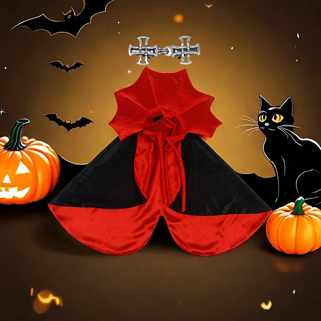 Vampire cape and cross clasp on a Halloween background