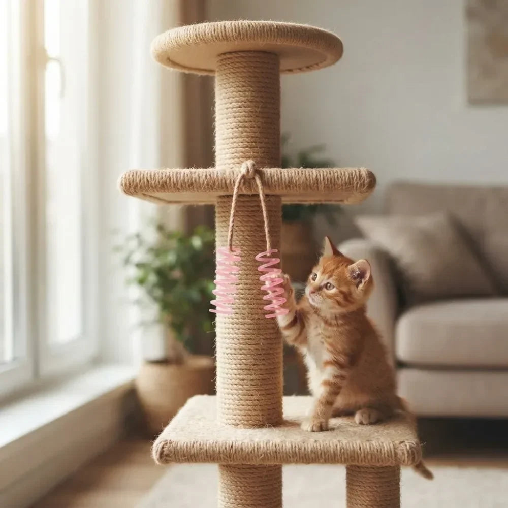 Kitten playing with springs on a cat tree