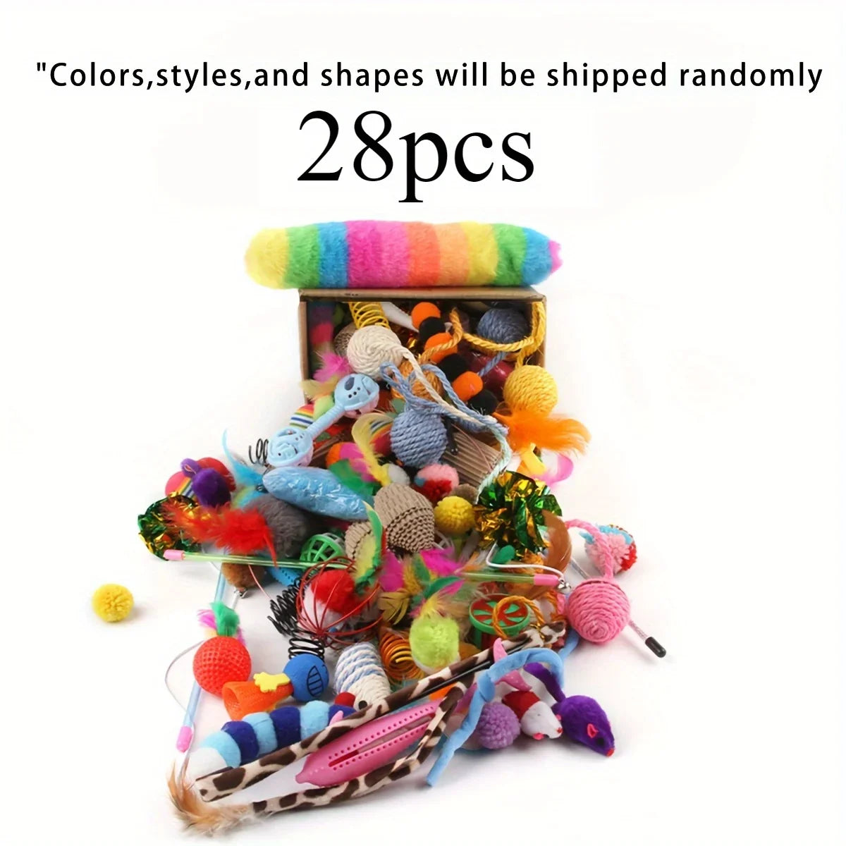 28-piece cat toy kit; colours and styles are random
