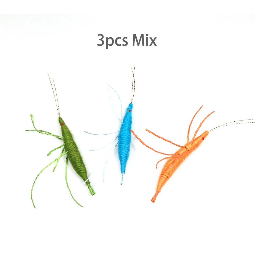 Three catnip prawn kickers: green, blue and orange