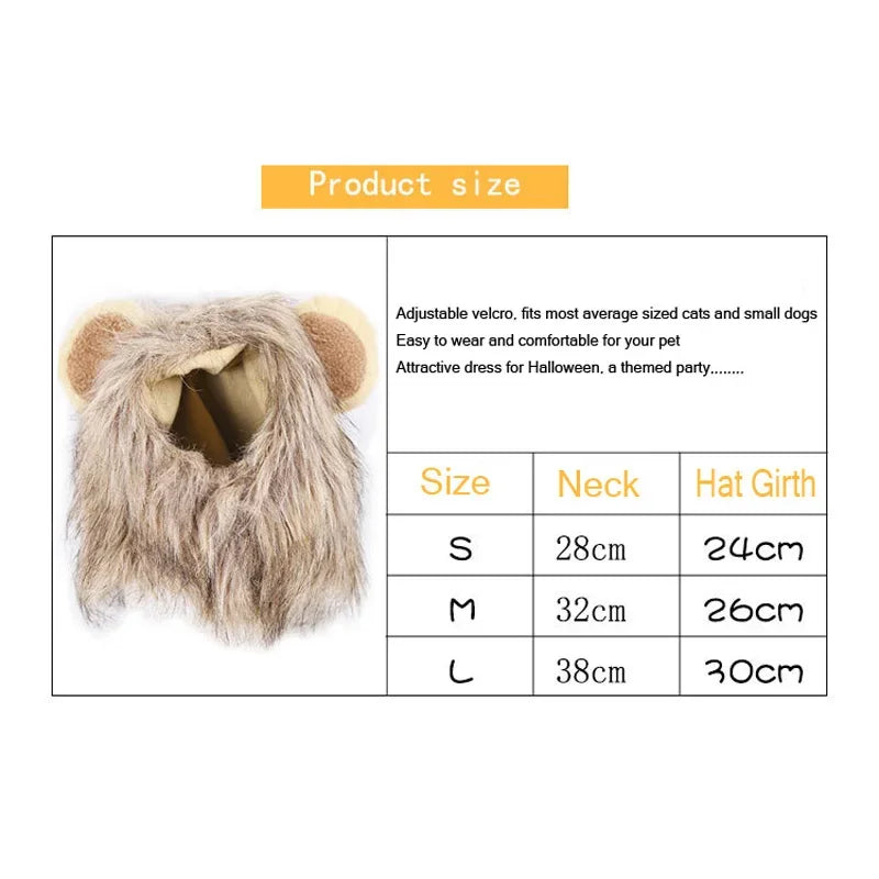 Lion mane size chart: neck S 28 cm, M 32 cm, L 38 cm