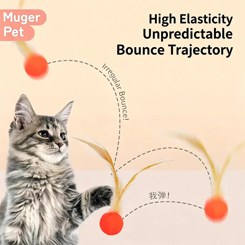 Cat batting a feather bouncer ball mid-bounce