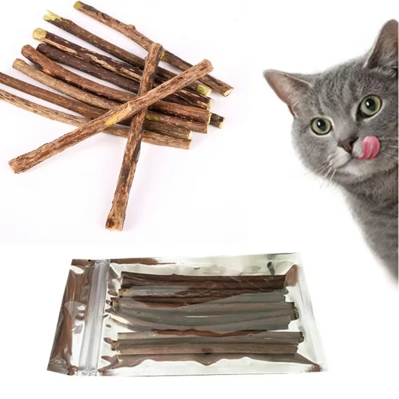 Bundle of silvervine sticks and a resealable bag, with a cat peeking in