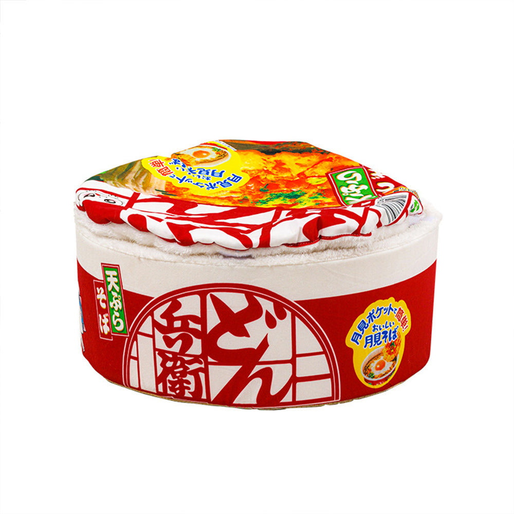 Red cup noodle cat bed with the noodle-print lid closed