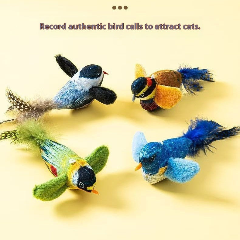 Chirping bird cat toys in four colours that play bird calls when touched