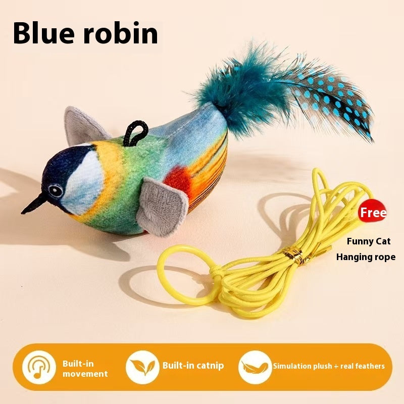 Blue robin chirping bird cat teaser with feathers and elastic hanging rope