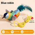 Blue robin chirping bird cat teaser with feathers and elastic hanging rope