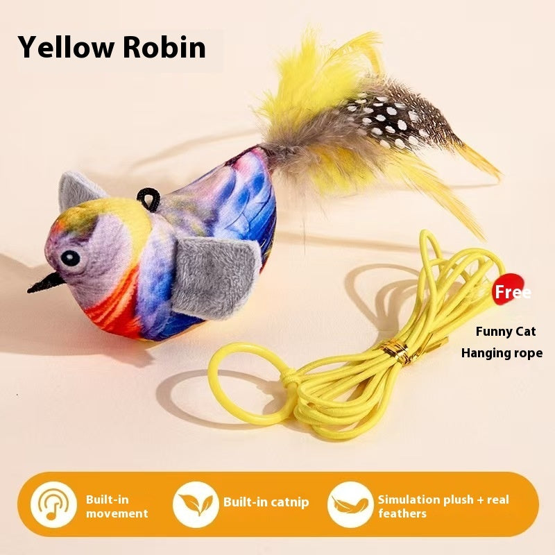 Yellow robin chirping bird cat teaser with feathers and elastic hanging rope
