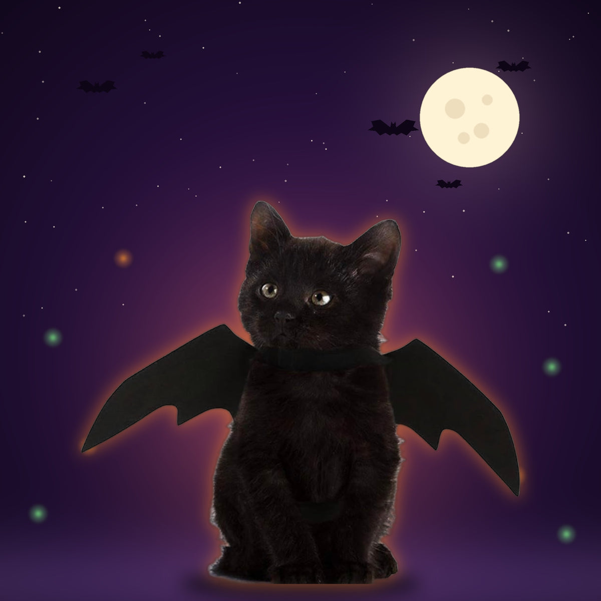 Black cat wearing Mugi's Bat Wings under a full moon with bats and a soft orange glow