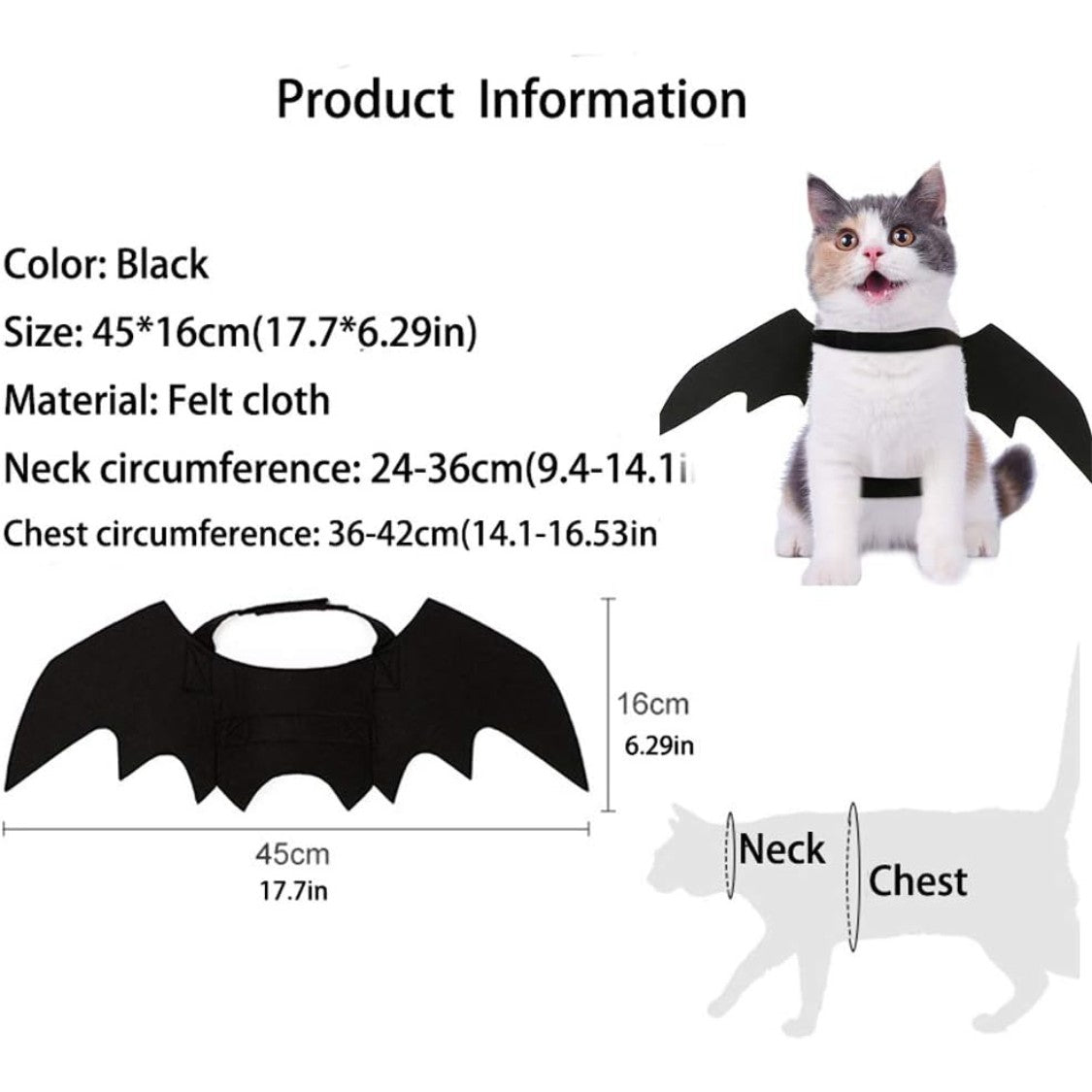 Bat wings size info: 45 x 16 cm felt wings, neck and chest straps