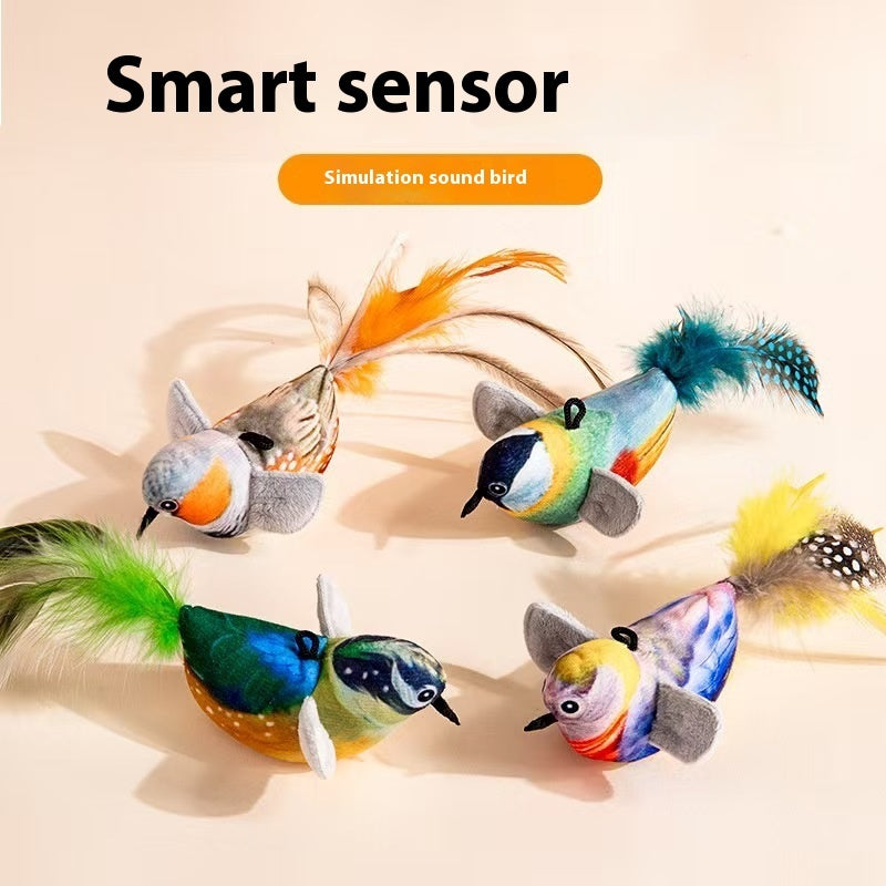 Four chirping bird cat toys with feather tails and touch-activated sound sensor