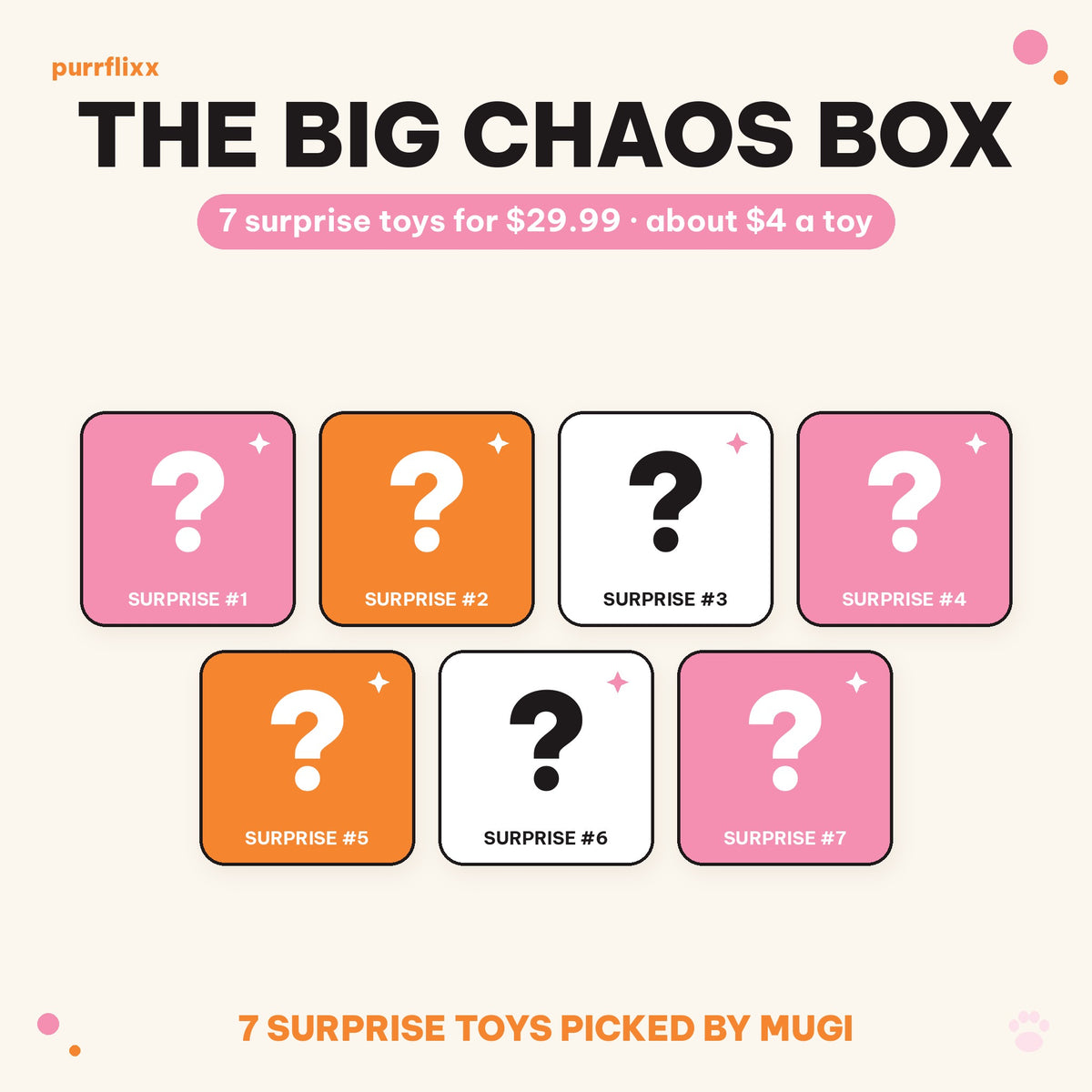 The BIG Chaos Box: 7 surprise toy question-mark tiles picked by Mugi. 7 surprise toys for $29.99, about $4 a toy