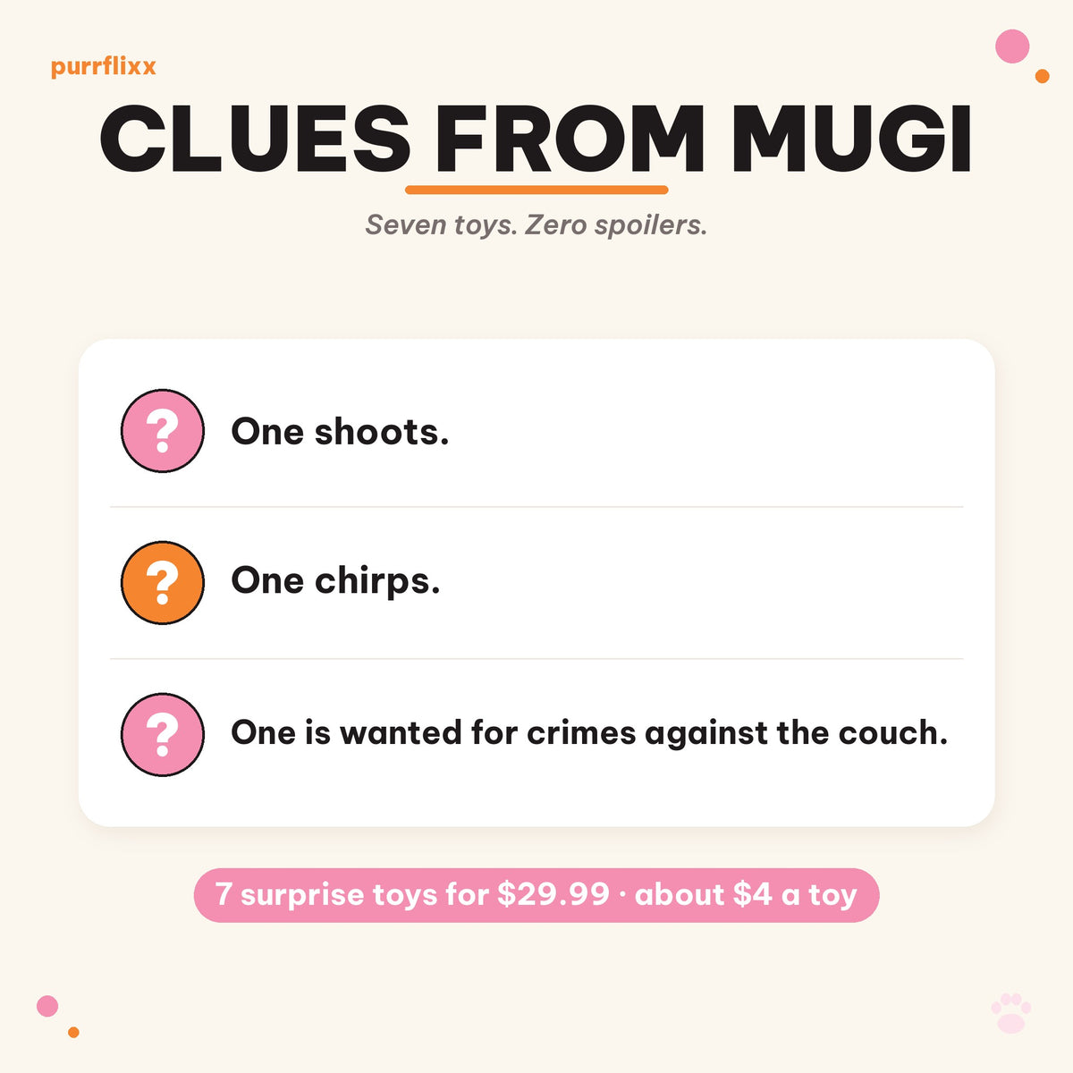 Clues from Mugi: one shoots, one chirps, one is wanted for crimes against the couch