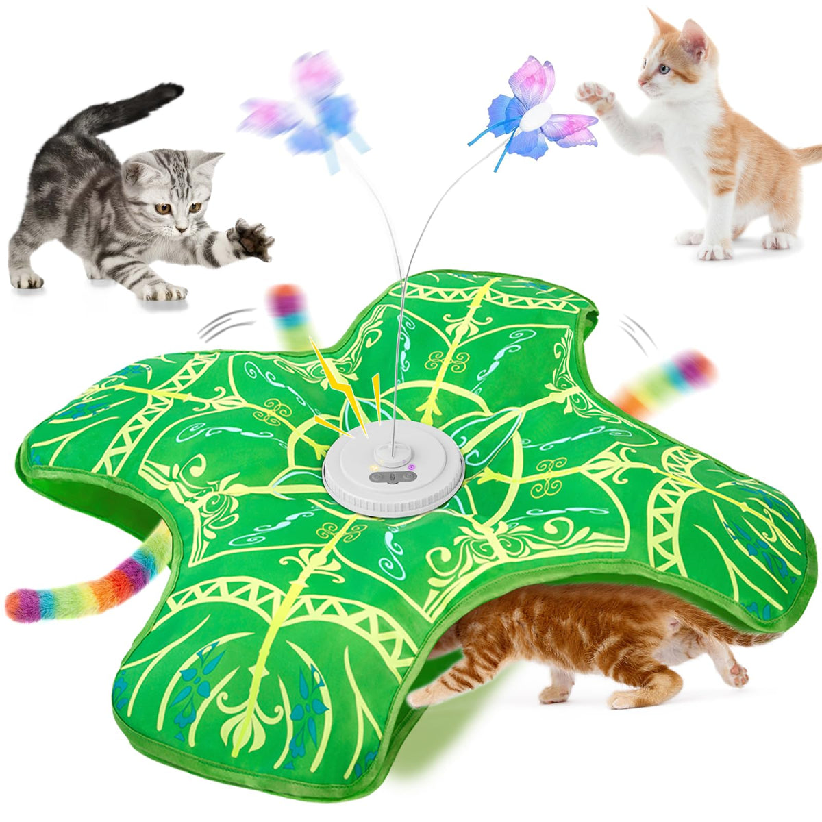 Mugi's Hide & Seek Boop Mat: green cat toy mat with fluffy tail and butterfly wand popping out