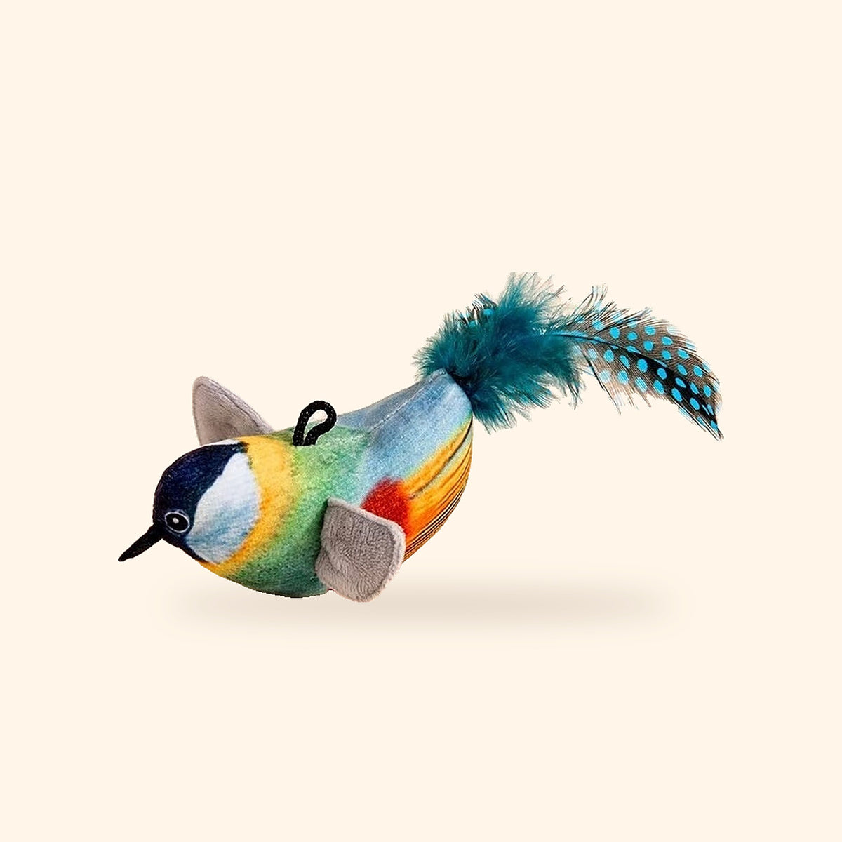 Blue robin chirping bird cat toy with feather tail