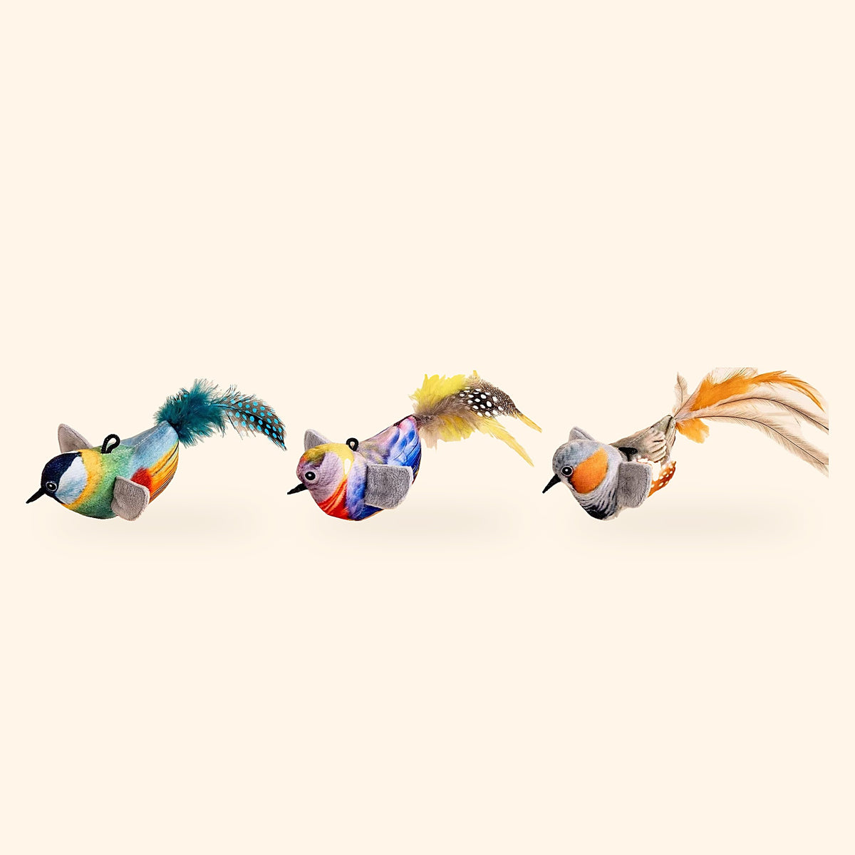 Chirping bird cat toy in blue, yellow and gray robin colours side by side